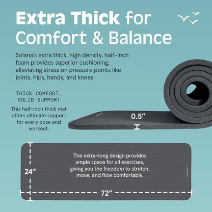 Solana Yoga Mat Thick 1/2In Non-Slip Workout Mat with Nylon Strap - 72X24In Exercise Mat for Pilates, Stretching & Fitness - BPA Free, Easy Clean